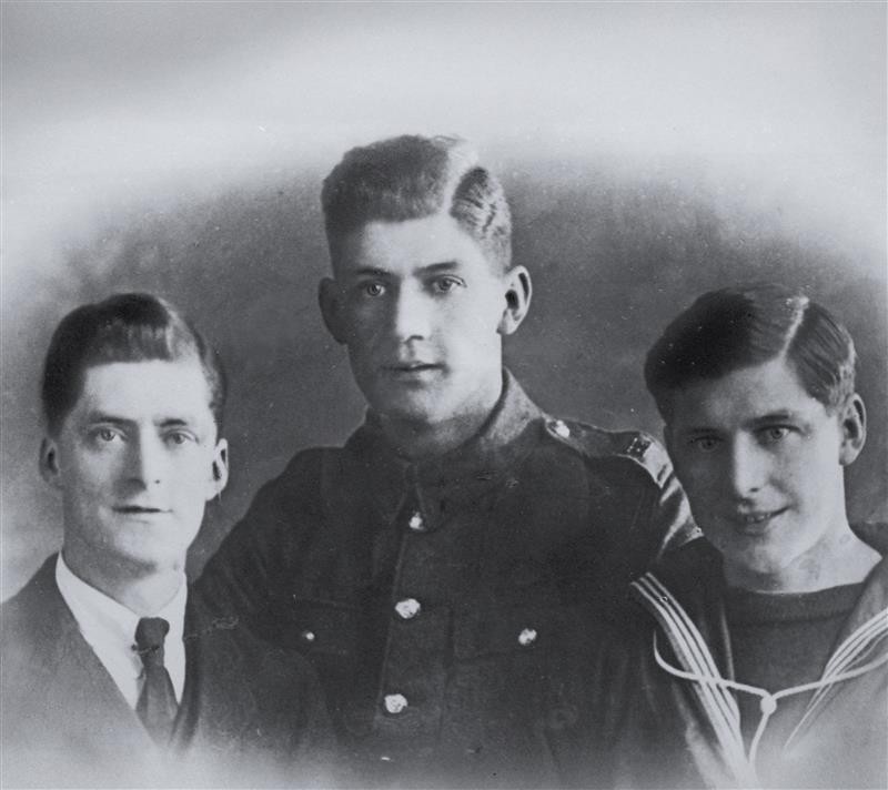 Harry, Ray and Phil Cavanna in RAF, Army and Royal Navy uniforms at the end of the Great War in 1918